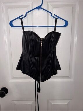 Black Faux Leather Corset Camisole with Front Zip